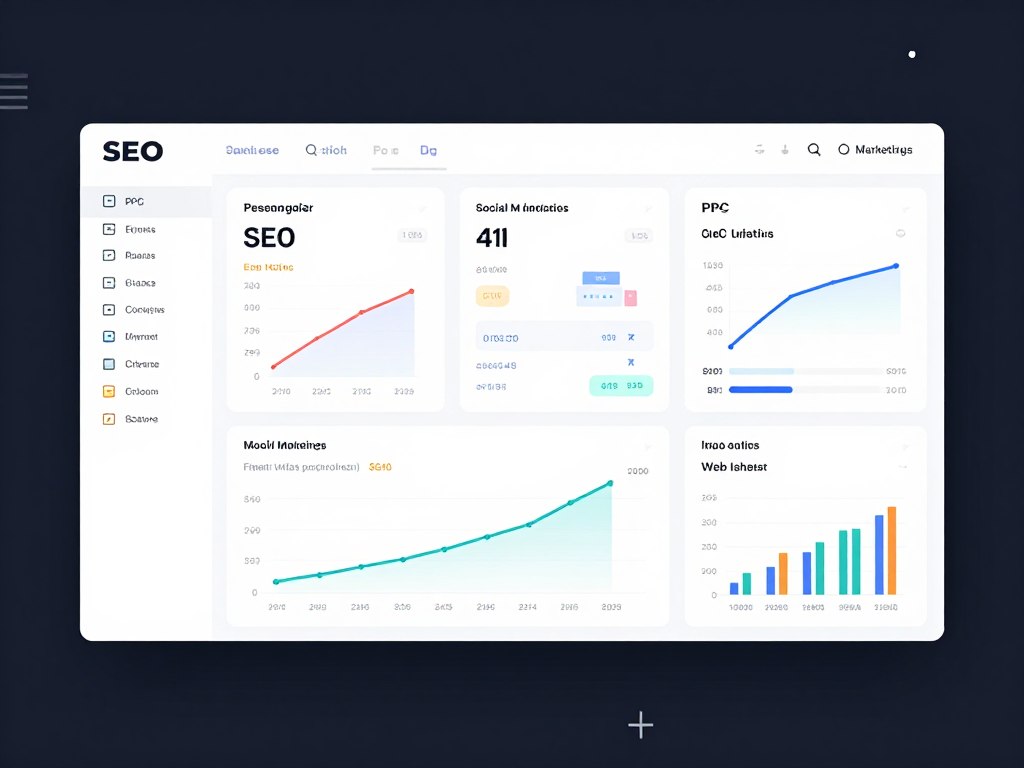 Comprehensive digital marketing services dashboard showing multiple marketing channels and analytics