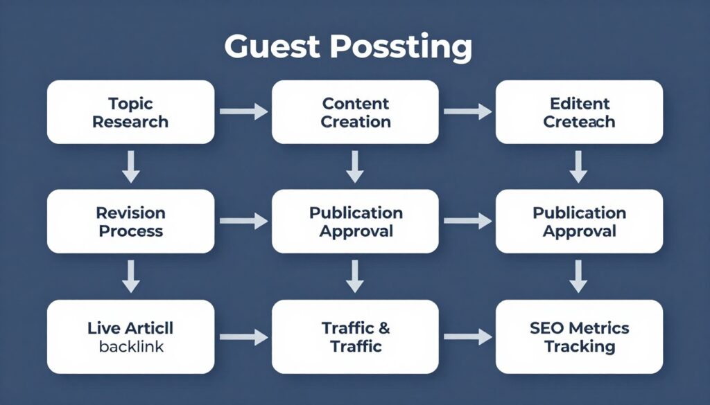 Guest posting workflow showing content creation through publication