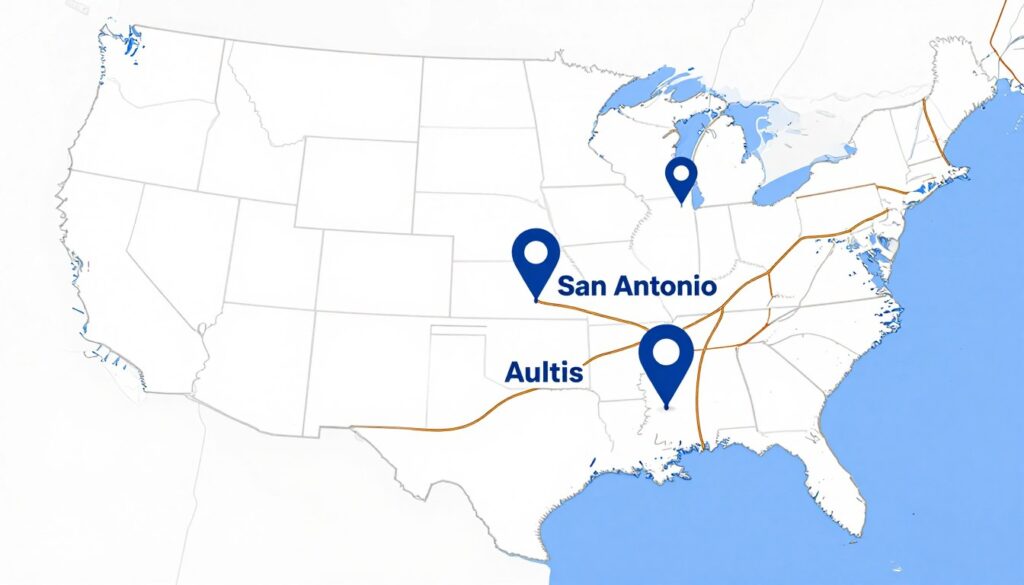 Map of Texas showing service locations in major cities