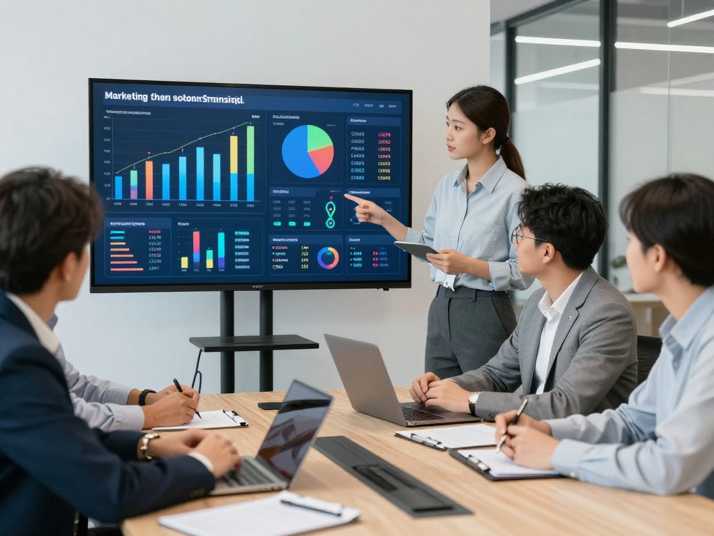 Marketing team reviewing performance reports and analytics