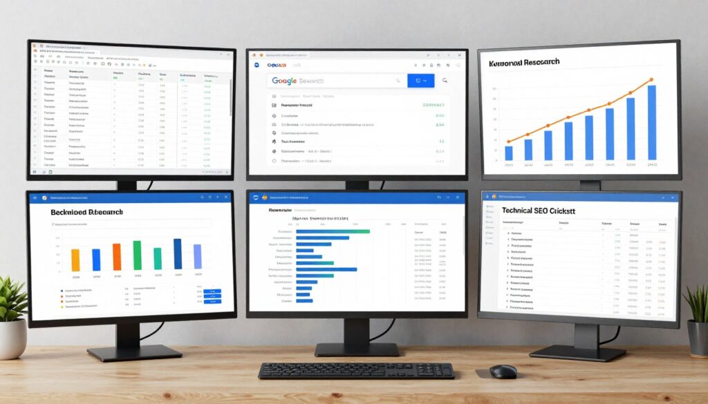SEO optimization process showing keyword research and ranking improvements