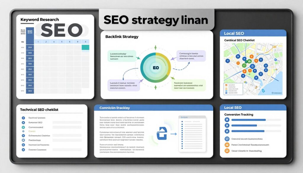 SEO strategy components including keyword research and content optimization