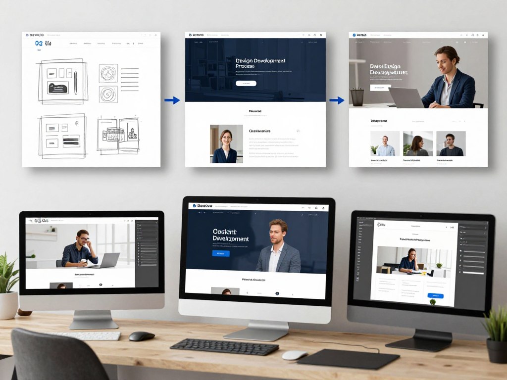 Website design process showing wireframes and final design