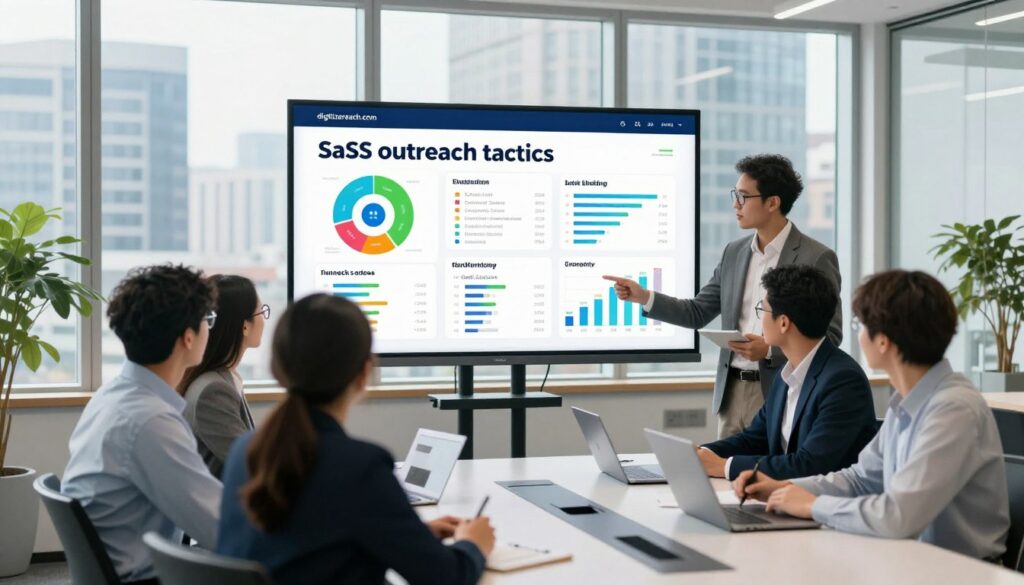 A bustling modern office environment symbolizes "SaaS outreach tactics." In the foreground, a diverse group of professionals in business attire collaborates around a sleek conference table, examining a large digital display showcasing link building strategies. The middle layer features vibrant infographics and data graphs on the display, highlighting key outreach metrics. In the background, sophisticated cityscape views through large windows convey success and innovation. The lighting is bright and natural, enhancing a productive atmosphere with a soft focus effect. The image should evoke a sense of teamwork, strategy, and forward-thinking. Include the brand name "digitizereach.com" subtly integrated into the office design elements, ensuring it complements the overall scene.