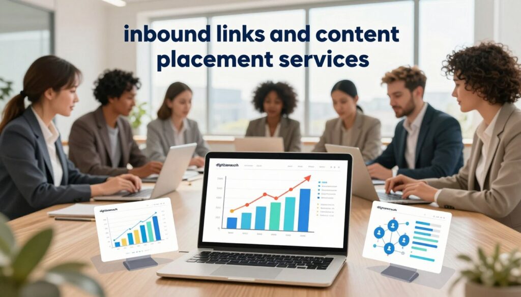 A digital illustration showcasing the concept of "inbound links and content placement services," reflecting the advantages of niche edits. In the foreground, a laptop displays a vibrant graph illustrating increased web traffic, surrounded by charts, backlinks, and content placements represented by linked nodes. The middle layer features a group of diverse professionals in business attire collaborating around a table with digital devices, showcasing teamwork and strategy. The background displays a modern office environment with bright, natural lighting pouring in through large windows, creating an inspiring and productive atmosphere. The color palette should be warm and inviting, emphasizing a sense of growth and opportunity. Incorporate visual elements representing "digitizereach.com," creatively integrated into the workspace.