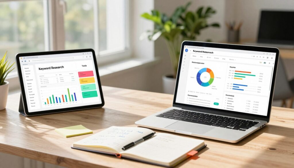 A digital workspace showcasing the concept of keyword research tools, featuring an organized desktop environment. In the foreground, a sleek laptop displays colorful charts and graphs related to keyword performance. To the side, a modern tablet shows a keyword suggestion tool interface with vibrant infographics. The middle ground includes an open notebook filled with handwritten notes and colorful sticky tabs for brainstorming. In the background, a large window reveals a bright, sunlit office space with green plants for a fresh atmosphere. The lighting is soft and natural, casting warm shadows, while the overall mood is productive and inspiring. Incorporate the brand "digitizereach.com" subtly on the laptop screen, ensuring no text overlays or watermarks distract from the visualization of keyword research tools.