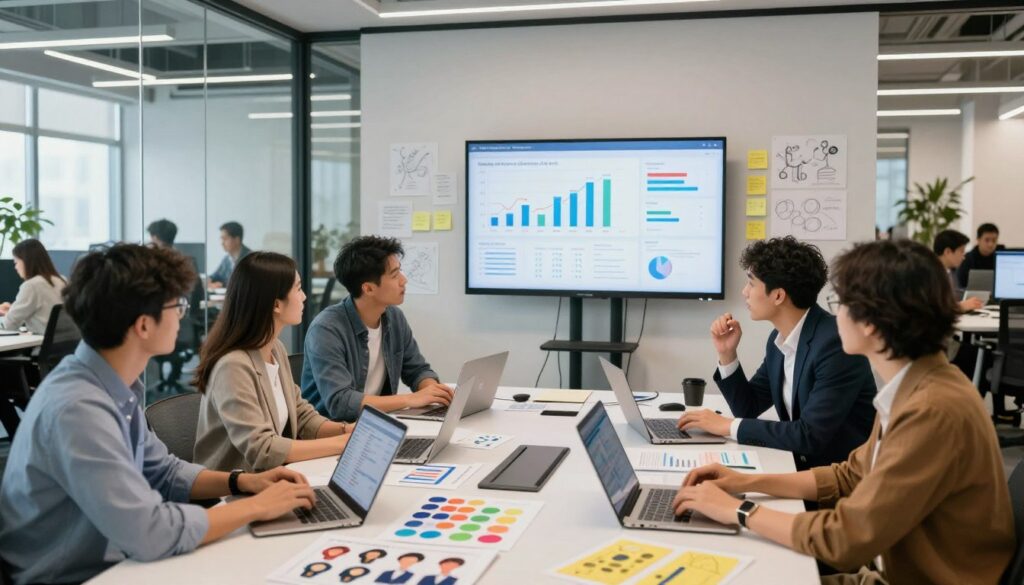 A dynamic and modern workspace set in a sleek digital marketing agency. In the foreground, a diverse group of professionals—two men and two women—dressed in smart business attire, engaged in a brainstorming session around a large table covered with digital devices, charts, and colorful buyer persona profiles. The atmosphere is collaborative, with a bright, inviting color palette emphasizing innovation. The middle ground features a large digital screen displaying graphs and data analysis relevant to buyer personas, surrounded by sticky notes and sketches. In the background, glass walls reveal a bustling office environment filled with other teams at work. Soft, natural lighting streams in through large windows, creating an inspiring and productive mood. Incorporate the brand name "digitizereach.com" subtly in the design elements of the workspace.