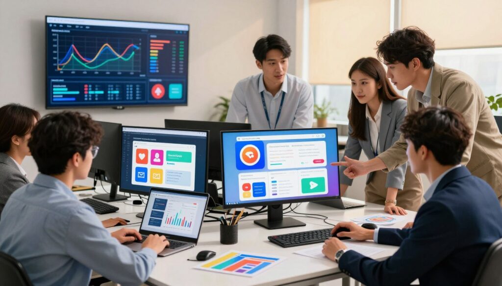 A dynamic digital marketing scene showcasing cross-channel advertising strategies. In the foreground, a diverse group of professionals in smart business attire collaboratively discusses a vibrant digital display featuring various marketing channels, such as social media icons, email marketing graphics, and search engine ads. The middle ground features a sleek, modern office desk cluttered with digital devices, laptops, and analysis charts with bright colors. In the background, a wall-mounted screen displays real-time data analytics and graphs, symbolizing the monitoring of multi-channel marketing effectiveness. The lighting is bright and inviting, with a warm color palette to evoke a sense of innovation and collaboration. The overall atmosphere is one of focus and creativity, reflecting the fast-paced world of digital marketing. Include the brand name "digitizereach.com" subtly within the digital display elements.