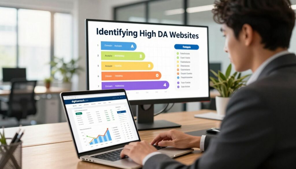 A focused scene depicting a professional setting for "Identifying High DA Websites". In the foreground, a confident business person dressed in professional attire, intently analyzing data on a laptop screen, which displays various website metrics and graphs. The middle ground features a large digital monitor showcasing a colorful infographic highlighting high domain authority tiers. In the background, a modern office environment with sleek furniture, large windows letting in warm natural light, and plants adding a touch of greenery. The lighting is bright and inviting, creating a productive atmosphere. The overall mood is one of determination and success in the pursuit of quality backlinks. The image subtly includes branding elements from digitizereach.com, enhancing its relevance.