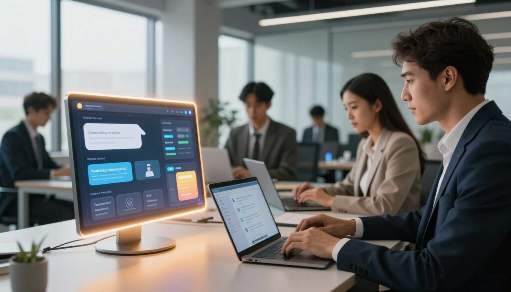 A futuristic AI chatbot seamlessly integrated into a modern office environment, showcasing its role in enhancing customer support. In the foreground, a sleek, digital interface of the chatbot glows warmly, illustrating various marketing analytics and customer interactions. The middle ground captures a diverse group of professionals, dressed in business attire, engaging with the chatbot on their laptops and tablets, demonstrating collaboration and teamwork. The background features a contemporary office setting with large windows, letting in soft, natural light that creates an inviting atmosphere. The scene should evoke a sense of innovation, connectivity, and efficiency, reflecting the transformative power of technology in marketing strategies. The artwork should be a high-resolution image tailored for professional publication, incorporating the brand name "digitizereach.com" subtly within the design elements.