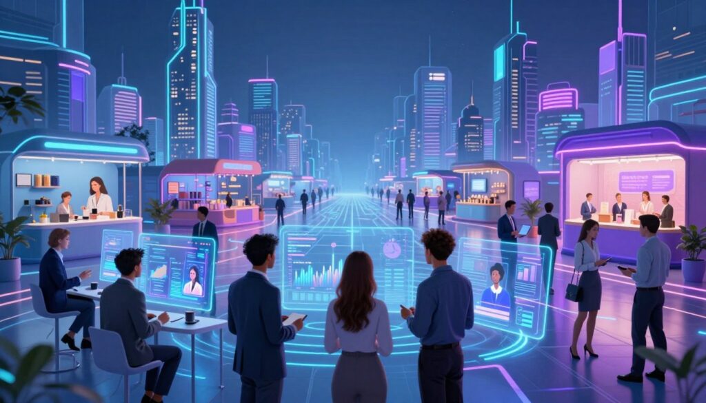 A futuristic digital landscape showcasing Metaverse marketing trends. In the foreground, diverse professionals in business attire discuss virtual strategies, surrounded by dynamic holographic displays of graphs and avatars. In the middle ground, a bustling virtual marketplace filled with interactive products and engaging advertisements. The background features a vibrant cityscape of virtual skyscrapers interconnected with glowing digital pathways. Soft, ambient lighting casts an ethereal glow over the scene, with a focus on cool blues and vivid purples to evoke innovation and creativity. A wide-angle lens captures the depth of this immersive environment. Overall, the atmosphere is enthusiastic and forward-looking, encapsulating the essence of future predictions for Metaverse marketing, with a subtle watermark of "digitizereach.com" integrated into the design.