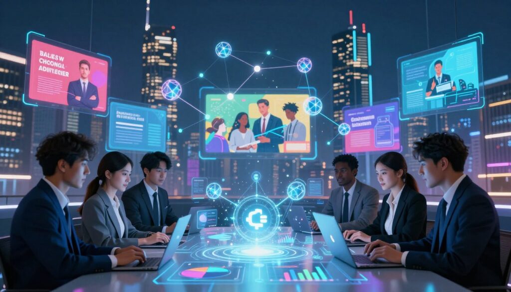 A futuristic digital marketing landscape showcasing blockchain marketing strategies and digital ad targeting techniques. In the foreground, a group of diverse professionals in business attire collaborate around a holographic table displaying graphs, charts, and digital ads symbolizing blockchain connections. The middle layer features vibrant digital screens showcasing targeted advertisements, with glowing blockchain nodes interconnected like a neural network. In the background, a sleek cityscape with tall skyscrapers is illuminated by neon lights, symbolizing innovation and technology. The scene captures a dynamic atmosphere of collaboration and excitement about the future of digital advertising. Soft, ambient lighting enhances the futuristic vibe, with a focal lens that creates a sense of depth. The brand "digitizereach.com" is subtly integrated into the digital elements of the display.