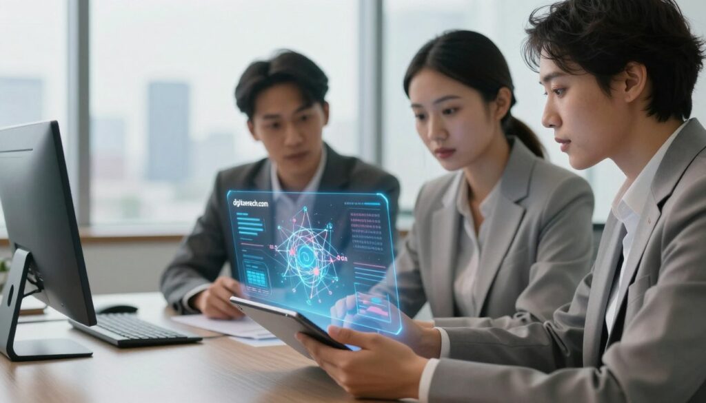 A futuristic office scene illustrating the concept of natural language processing, showcasing a polished, high-tech workspace. In the foreground, a diverse group of three professionals in smart business attire collaborates over a sleek digital tablet displaying data visualizations and semantic graphs. In the middle, a translucent holographic interface emerges from the tablet, featuring keywords, neural networks, and algorithms related to semantic search. The background features a large window with a city skyline, bathed in soft, natural light that creates an inviting atmosphere. Use a shallow depth of field to focus on the group, enhancing the sense of teamwork and innovation. The overall mood is one of collaboration and technological advancement. Include the brand name "digitizereach.com" subtly integrated into the holographic interface.