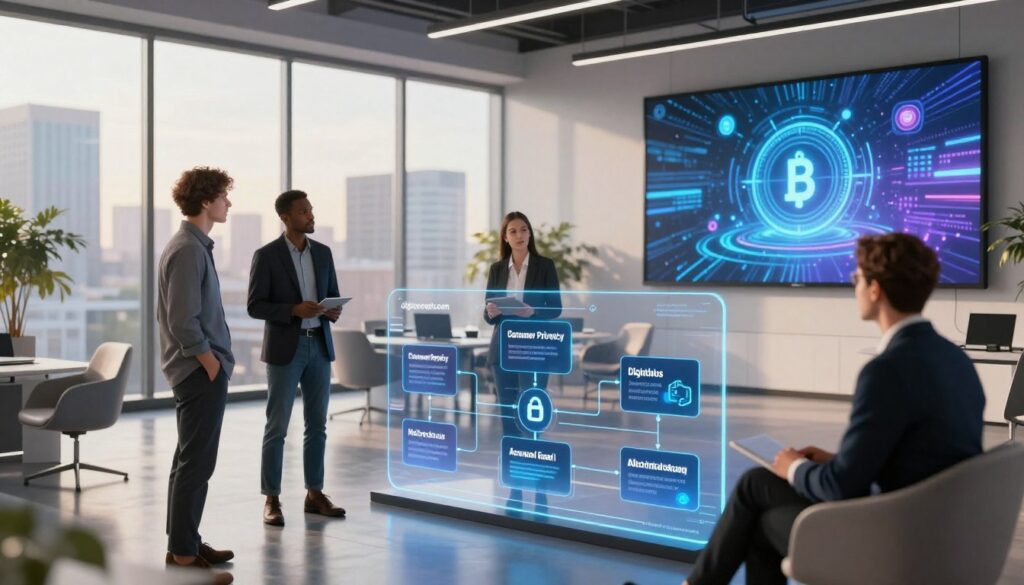 A futuristic office space focusing on blockchain marketing strategies, featuring a diverse group of three professionals in business attire discussing a digital advertisement campaign. In the foreground, a transparent screen displays a flowchart of blockchain technology emphasizing consumer privacy, integrating digital ads and secure transactions. The middle ground shows sleek, modern furniture, with a large window revealing a cityscape bathed in warm, natural light, creating an inviting atmosphere. The background features large digital billboards showcasing innovative ads, blending digital art with blockchain motifs. The overall mood is collaborative and forward-thinking, symbolizing the intersection of technology and advertising. Brand name "digitizereach.com" subtly incorporated in the screen display.