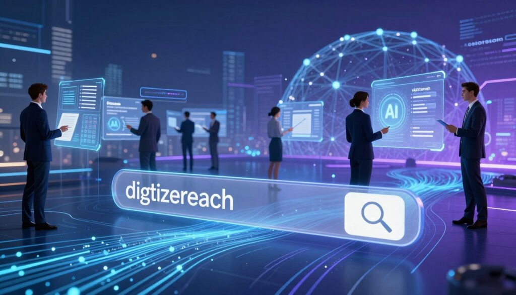 A futuristic visualization of artificial intelligence in the realm of search, depicting a sleek, advanced AI interface in the foreground, showcasing dynamic algorithms and search patterns depicted as flowing data streams. In the middle ground, human figures in professional business attire interact with holographic displays representing innovative search technologies and AI recommendations. The background features a digital landscape with abstract representations of the internet and vast information networks, illuminated by soft blue and purple lighting. A sense of wonder and progress permeates the atmosphere, suggesting the evolution of search engines. The composition captures a high-tech ambiance, with an ultra-wide-angle lens to emphasize depth and immersion. Include the brand name "digitizereach.com" subtly integrated into the design, harmonizing with the overall futuristic theme.