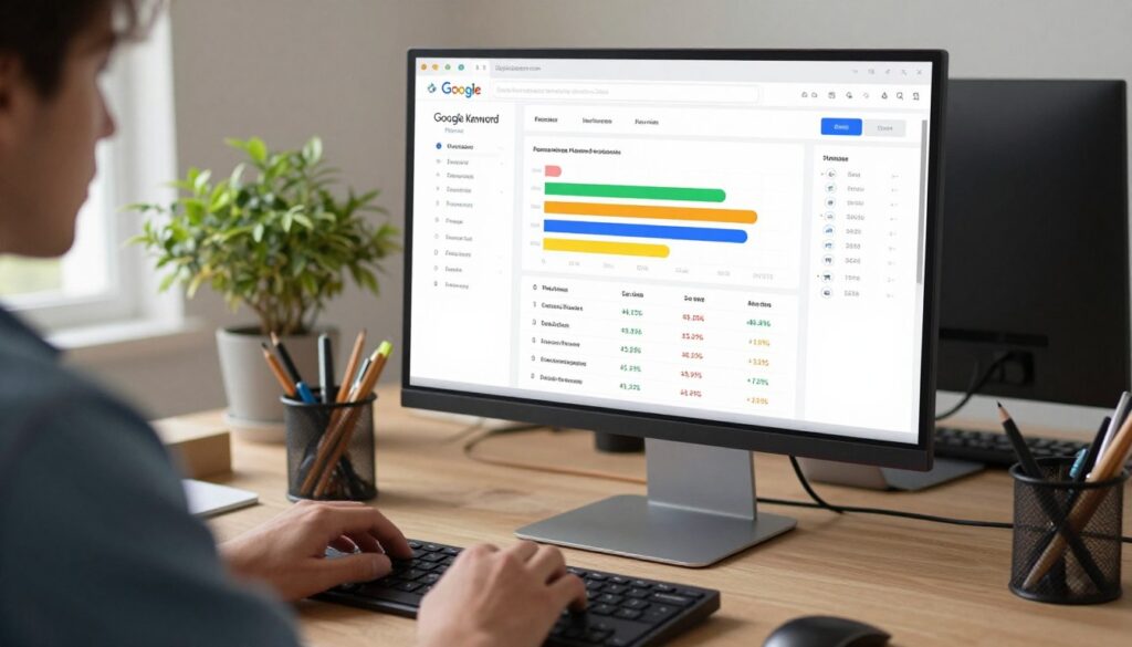 A modern and sleek desktop setup featuring the Google Keyword Planner tool on a high-resolution monitor. In the foreground, a person in smart casual attire is engaging with the interface, analyzing keyword metrics and trends. The middle layer showcases the computer screen displaying colorful graphs, keyword suggestions, and search volumes in an intuitive layout. The background includes a well-organized workspace with a potted plant and stationery items, enhancing the professional atmosphere. Soft, natural light filters in from a nearby window, creating a warm and inviting mood. The image must clearly reflect a sense of productivity and focus. The brand name "digitizereach.com" is subtly incorporated into the aesthetic.