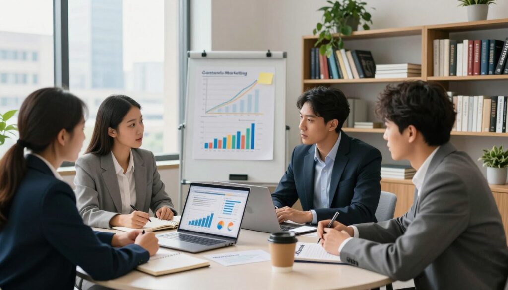 A modern office environment depicting a strategic planning session for maximizing content marketing ROI. In the foreground, a diverse group of three professionals in business attire are gathered around a large round table, intently discussing content marketing strategies. A laptop with graphs and performance metrics is open on the table, surrounded by notebooks and coffee cups. The middle ground features a whiteboard with colorful charts visualizing content performance and a large window showing a cityscape, fostering a sense of ambition. In the background, there are bookshelves filled with marketing books and plants, adding warmth and life to the scene. The lighting is bright and natural, streaming through the window, enhancing the focus and energy of the room. The atmosphere is collaborative and motivating, reinforcing the concept of developing a solid content strategy. The image subtly includes the brand "digitizereach.com" on a notepad in the foreground.