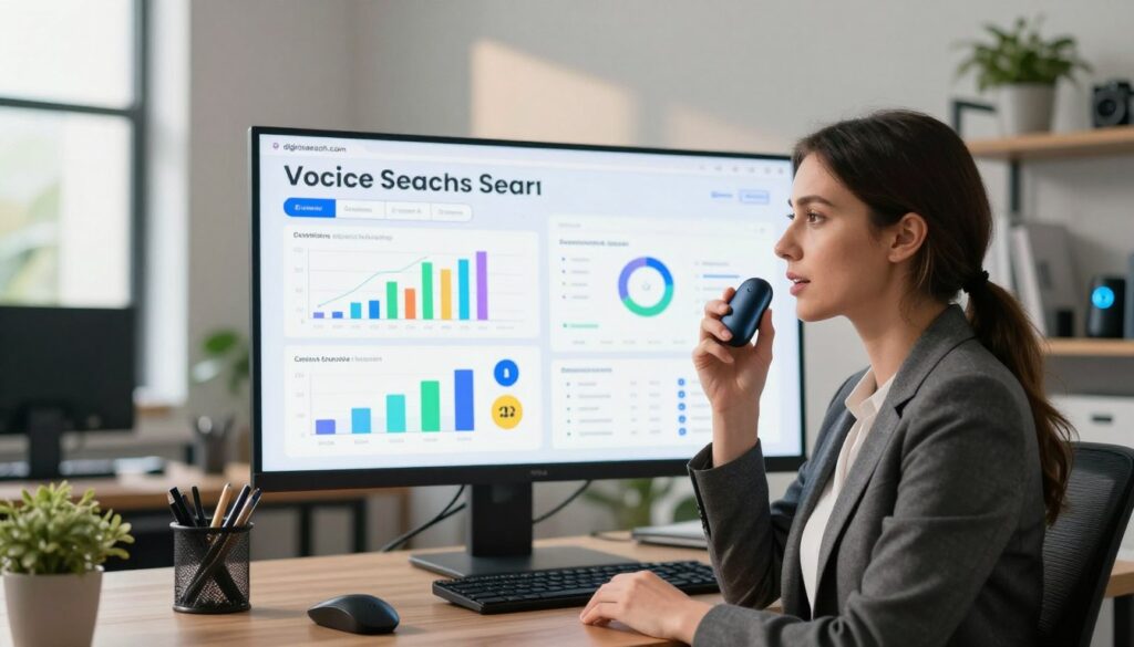 A modern office environment illustrating the concept of voice search SEO. In the foreground, a professional woman in business attire is speaking into a sleek voice assistant device, her expression focused and engaged. In the middle ground, a large digital screen displays analytics and statistics related to voice search success metrics, with colorful graphs and icons representing keyword optimization and user engagement. The background features blurred shelves with tech gadgets and plants, creating a productive atmosphere. Soft, natural lighting filters through large windows, casting gentle shadows and highlighting the tech-savvy ambiance of the space. The overall mood is innovative and strategic, showcasing the intersection of technology and digital marketing. Include the brand name "digitizereach.com" subtly integrated into the office decor.