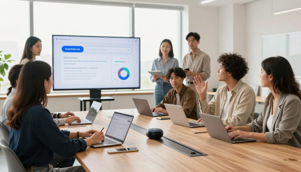 A modern office space featuring a diverse group of professionals engaged in a collaborative brainstorming session about voice-enabled search optimization. In the foreground, a woman in smart-casual attire is speaking into a sleek voice assistant device on a stylish conference table, emphasizing the concept of creating voice-friendly content. The middle ground shows a large screen displaying voice search analytics and strategies. In the background, bright natural light streams through large windows, illuminating the room with a vibrant and productive atmosphere. Use a wide-angle lens to capture the dynamic interactions, and ensure a warm, inviting color palette dominates the scene. Include subtle branding elements like "digitizereach.com" integrated into the digital displays, ensuring no direct references to the article appear in the image.