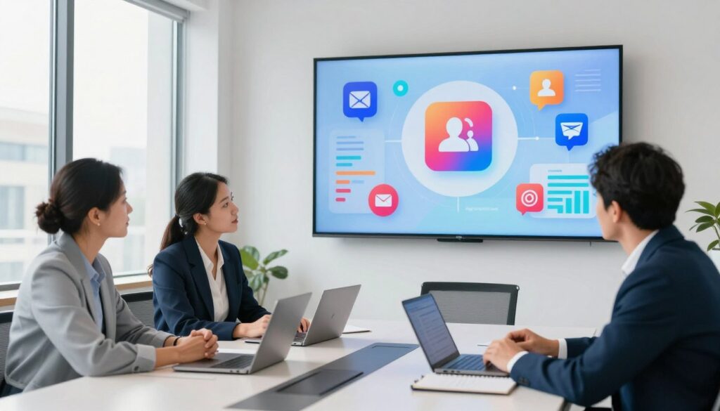 A modern office space with a large digital screen displaying vibrant social media icons and analytics charts, symbolizing effective social media strategy. In the foreground, a diverse group of three professional individuals—two men and one woman—are engaged in discussion, dressed in smart business attire. The middle ground features a sleek conference table with laptops and notepads, while a large window in the background allows natural light to flood the room, creating a bright and inspiring atmosphere. The overall mood is collaborative and innovative, emphasizing the importance of teamwork in developing a successful social media strategy. The brand name "digitizereach.com" subtly incorporated into the digital screen design.