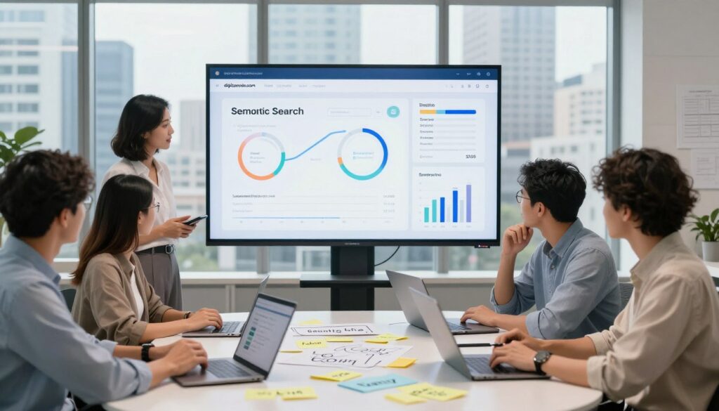 A modern, sleek office environment with a diverse team of professionals engaged in brainstorming and collaboration on semantic search optimization strategies. Foreground features a round table with laptops, charts, and sticky notes depicting semantic keywords and related concepts. Middle ground showcases a large digital screen displaying semantic search analytics and trends, illuminated to reflect a high-tech workspace. Background reveals a city skyline through floor-to-ceiling windows, creating a vibrant and motivating atmosphere. The lighting is bright and natural, creating a sense of clarity and focus. Capture the energy of teamwork and innovation, with a hint of urgency for boosting online traffic. The scene embodies a productive mood, emphasizing the importance of tools for semantic search optimization. Incorporate the brand name "digitizereach.com" subtly within the workspace elements.