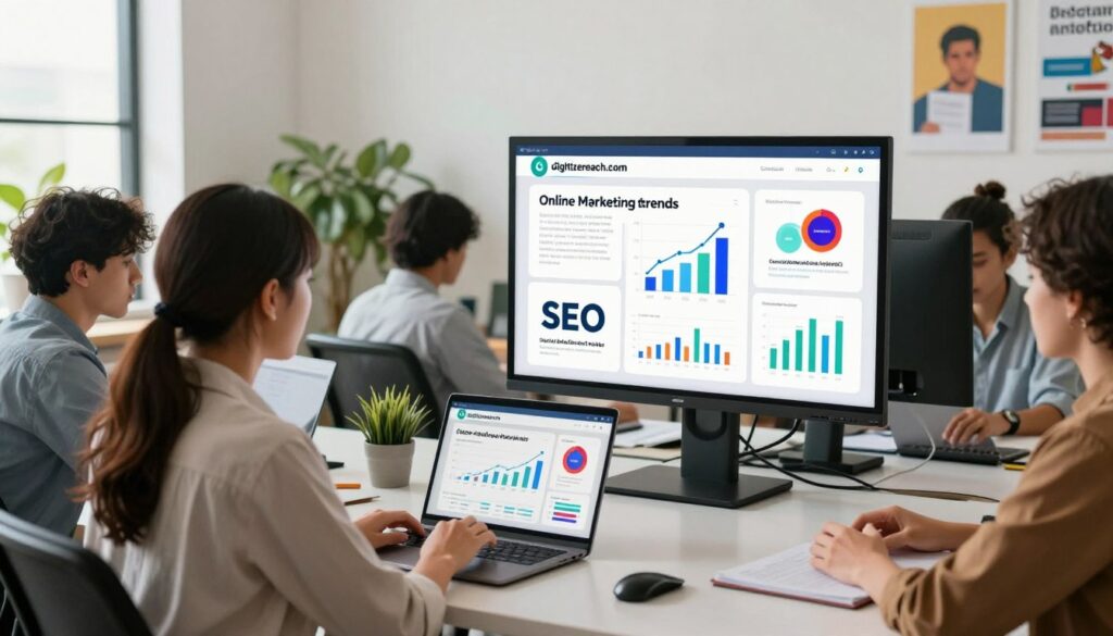 A modern workspace bustling with activity, showcasing a diverse group of professionals closely engaged in an online marketing webinar. In the foreground, a young woman in smart casual attire interacts with her laptop, focused on an engaging presentation. The middle ground highlights a large screen displaying vibrant infographics representing various online marketing trends, like social media growth, SEO advancements, and digital advertising statistics. The background features a bright, airy office environment with lush plants and motivational posters. Soft, natural lighting pours in from large windows, creating an inviting atmosphere. The overall mood is energetic and collaborative, conveying a sense of learning and innovation. Include the brand name "digitizereach.com" subtly in the design, ensuring it complements the professional aesthetic without distracting from the main elements.
