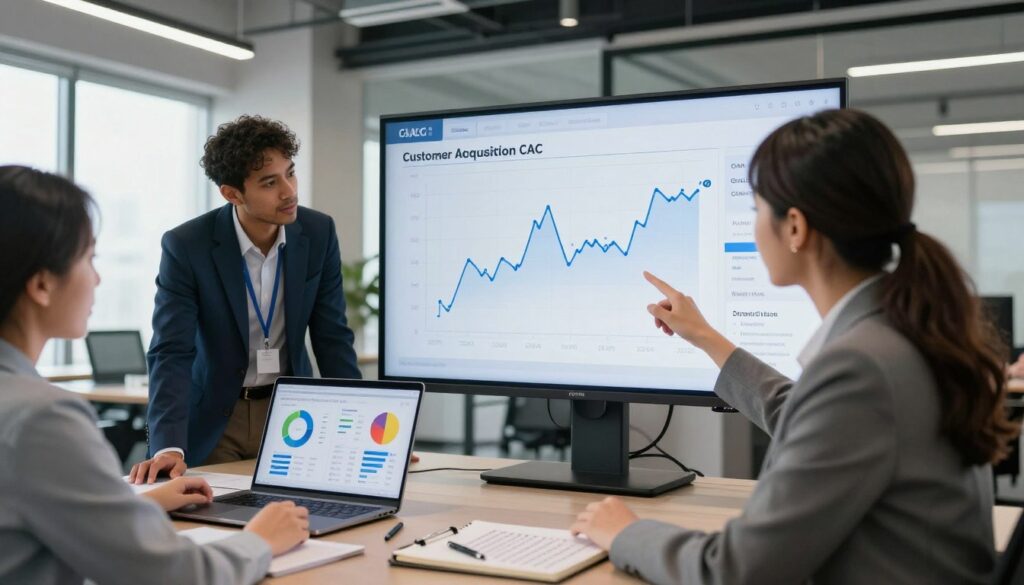 A professional business environment showcasing a team of three diverse individuals in formal attire, analyzing graphs and charts on a large digital screen that highlights customer acquisition cost (CAC) metrics over time. In the foreground, focus on a woman pointing at a fluctuating line graph, representing CAC trends, with a thoughtful expression. The middle layer displays an open laptop with vibrant charts and a notepad filled with calculations. The background features a modern office space with bright overhead lighting and large windows allowing natural light to stream in, creating an optimistic atmosphere. The overall mood is focused and collaborative, conveying the importance of tracking CAC effectively. Include the brand name "digitizereach.com" subtly integrated into the office decor.