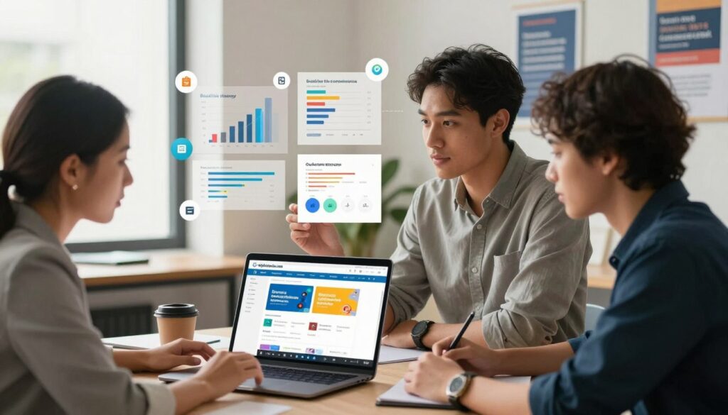 A professional digital marketing setting depicting a diverse group of individuals collaboratively engaging in online communities and forums. In the foreground, a multi-ethnic team of three business professionals, one woman in a smart blazer, another man in a casual button-up shirt, and a third person in a business-casual outfit, are intently discussing ideas while looking at a laptop screen displaying a vibrant forum webpage. The middle background features annotated charts and graphs related to backlink strategy, with floating icons representing various online platforms. Soft, natural lighting filters through a nearby window, creating a warm atmosphere of productivity. The scene is arranged in a contemporary office with motivational posters on the walls, subtly branded with “digitizereach.com.” The overall mood is focused and innovative, illustrating the concept of building high DA backlinks through community interactions.