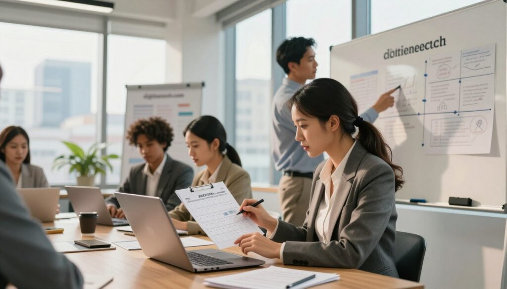 A professional, dynamic scene depicting a diverse team of business professionals working collaboratively on an outreach marketing strategy. In the foreground, a focused woman wearing business attire reviews a calendar and outreach schedule on a laptop, while in the background, a man points at a whiteboard filled with strategic plans and timelines. Warm, natural lighting floods the modern office space, creating an inviting atmosphere. Soft shadow play enhances the depth of the image. To the side, a large window reveals a bustling cityscape, symbolizing opportunities and timing. The branding "digitizereach.com" subtly incorporated in the background on a poster, adding to the professional environment. Emphasize teamwork, strategy, and effective time management in outreach efforts.