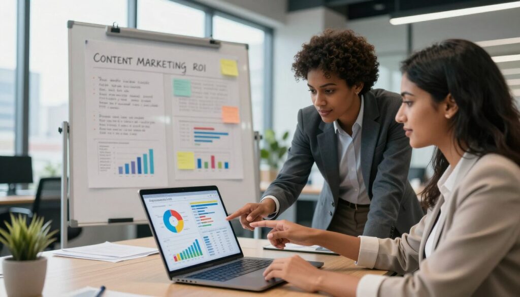 A professional-looking office environment illustrating the concept of measuring content marketing ROI. In the foreground, a diverse group of three individuals dressed in business attire (a Black woman, a Hispanic man, and a South Asian woman) analyze analytics data on a laptop, pointing at colorful graphs and charts displayed on the screen. In the middle ground, a large whiteboard filled with brainstorming notes and marketing strategies can be seen, and a large window showcases a city skyline outside. The background features modern office decor and soft lighting, creating a collaborative and focused atmosphere. Use high-resolution clarity with a slight depth of field, emphasizing the interaction between the team and the data. The overall mood should be professional, inspiring, and analytical, reflecting the theme of maximizing content marketing ROI. Include the brand name "digitizereach.com" subtly within the scene.