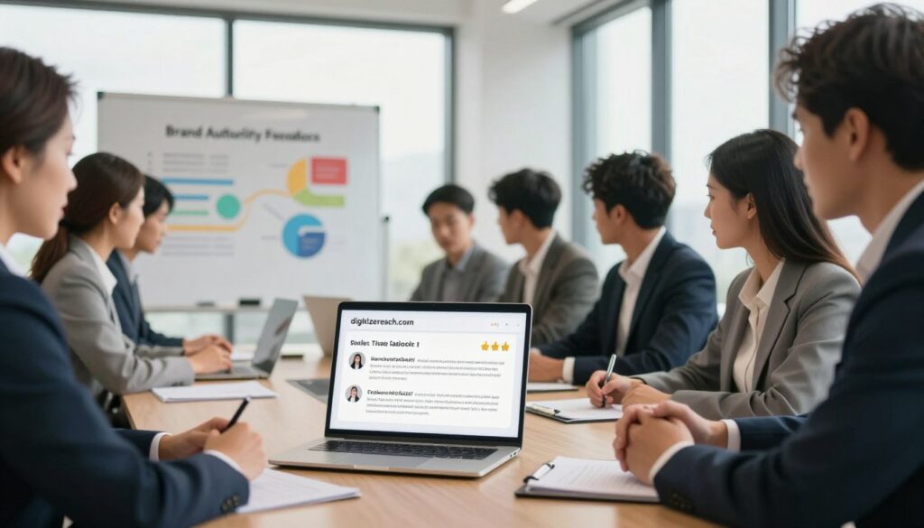 A professional office environment featuring a diverse group of individuals in business attire collaborating around a sleek conference table. In the foreground, a laptop displays positive customer testimonials and reviews, highlighted by thumbs-up icons. In the middle, a whiteboard with colorful charts focuses on brand authority concepts. In the background, large windows allow natural light to flood the space, creating an inviting atmosphere. Soft shadows enhance the ambiance, while a warm color palette suggests optimism and growth. The scene subtly incorporates the brand name "digitizereach.com" in the digital display, emphasizing the importance of feedback in building customer trust and enhancing online reputation management. The overall mood conveys professionalism, teamwork, and a commitment to customer satisfaction.