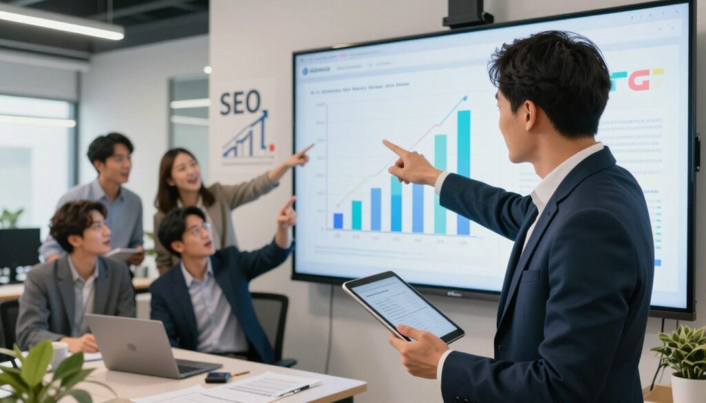 A professional office setting with a large screen displaying rising website rankings in bold graphs and charts. In the foreground, a focused business professional in business attire analyzes these metrics, holding a tablet. In the middle ground, colleagues engage in a discussion, pointing towards the screen with enthusiasm. The background features modern office decor with SEO-related visuals, such as keywords and symbols of growth and success. The lighting is bright and inviting, emphasizing a sense of achievement and innovation. The mood is optimistic and energetic, reflecting the excitement of successful SEO strategies. The logo "digitizereach.com" subtly appears on the screen in the background.