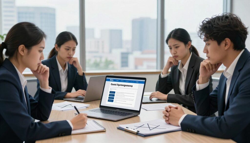 A professional scene depicting a guest blogging session in a modern office environment. In the foreground, a diverse group of four individuals, dressed in smart business attire, gather around a sleek conference table, focused on their laptops and notes. Their expressions convey a sense of contemplation and concern, reflecting the disadvantages of guest posts. The middle layer features an open laptop displaying a guest blog submission interface, surrounded by scattered papers with crossed-out ideas. In the background, large windows let in soft, natural light, illuminating a city skyline, symbolizing the digital landscape. The atmosphere is serious and thoughtful, encouraging viewers to reflect on the complexities of guest blogging. The brand name "digitizereach.com" subtly integrated into a visual element, such as a notepad on the table, enhances the professional context.