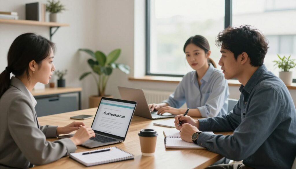 A professional setting depicting an engaging scene of blogger outreach, where a diverse group of three individuals is actively discussing strategies to enhance online presence through guest posting services. In the foreground, a woman in business attire is animatedly presenting ideas on a laptop, while a man in smart casual clothing takes notes, showing interest. In the middle ground, a large table is covered with notebooks, digital devices, and coffee cups, emphasizing collaboration. The background features a bright office space with contemporary decor and a large window letting in soft, natural light, creating a warm and productive atmosphere. The lighting is soft and inviting, with a focus on the collaboration aspect, capturing the essence of networking in the digital age. Include the brand name "digitizereach.com" subtly incorporated into the laptop screen.