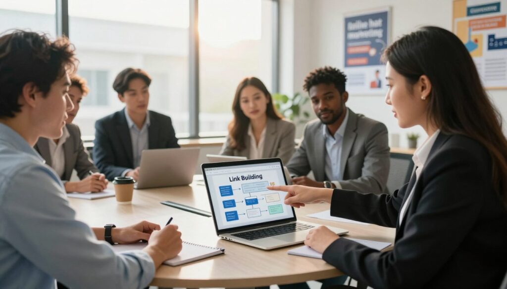 A professional setting featuring a diverse group of business people engaged in a collaborative discussion about link building strategies. In the foreground, a woman in a smart business outfit points to a digital presentation on a laptop, showcasing graphs and flowcharts related to link building. The middle ground includes a round conference table with notepads and coffee cups, while behind them a large window lets in warm, natural light, creating a positive and energetic atmosphere. The background reveals a modern office with motivational posters about online marketing. The scene conveys teamwork and creativity as they explore effective white hat link building techniques. Emphasize professionalism and collaboration, ensuring all individuals are dressed appropriately for a business environment. Include subtle branding elements from digitizereach.com.