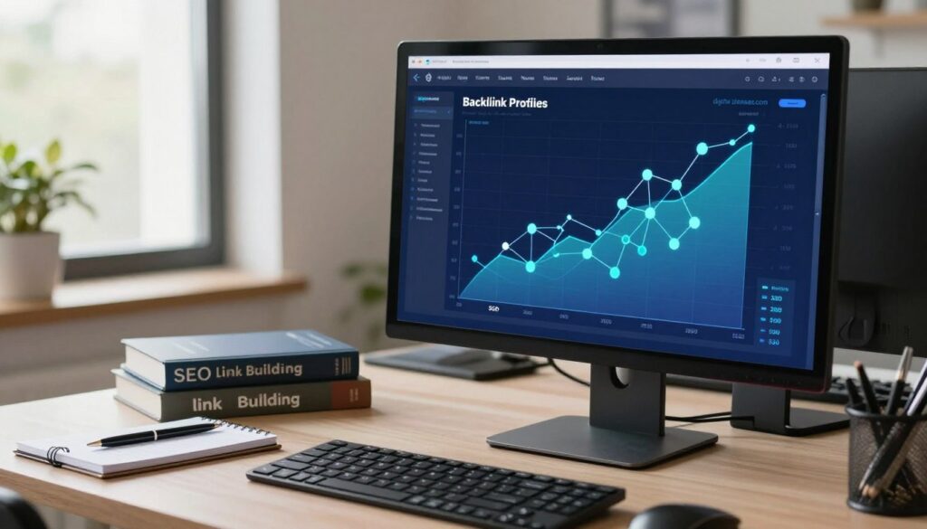 A professional workspace featuring a high-resolution computer screen displaying a vibrant graphical representation of a backlink profile analysis. In the foreground, detailed charts and graphs show rising metrics and interconnected nodes symbolizing high-quality backlinks, indicating growth and strategy. The middle ground includes a neatly arranged desk with reference books on SEO and link building techniques, a notepad, and a stylish pen. In the background, soft natural light filters through a window, creating a calm and focused atmosphere. The overall mood conveys professionalism and expertise in digital marketing. The brand name “digitizereach.com” subtly integrated into the scene can be seen as part of the digital interface on the screen.