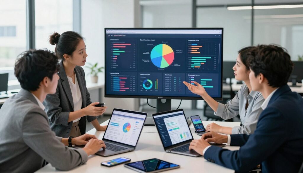 A professional workspace showcasing an online campaign optimization scene, in the foreground a diverse group of three business professionals dressed in smart-casual attire, deeply engaged in discussion around a large digital screen displaying colorful graphs and data analytics related to multi-channel marketing strategies. In the middle ground, various digital devices such as laptops, tablets, and smartphones, are laid out, showing charts and social media analytics. The background features a modern office with large windows letting in soft natural light, illuminating the space with a clear and focused atmosphere. The overall mood is dynamic and collaborative, reflecting a strategic approach to measuring the effectiveness of marketing efforts. The logo "digitizereach.com" subtly included on the digital screen.