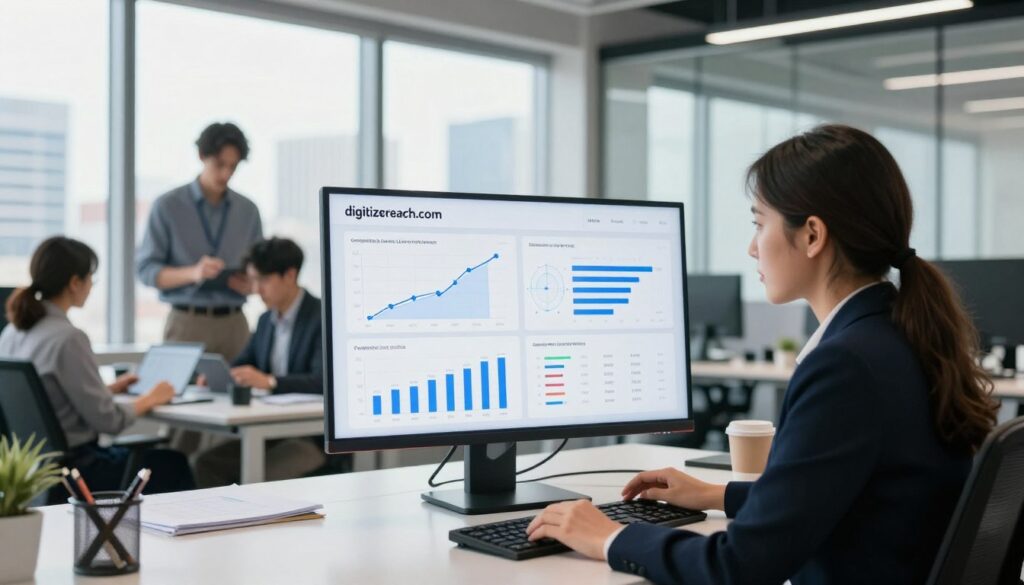 A sleek and modern office environment showcases a diverse team of professionals analyzing competitor link profiles for SaaS SEO strategies. In the foreground, a focused businesswoman in smart business attire studies charts and graphs displayed on a large screen, showcasing link building metrics and competitor analysis. The middle ground contains collaborative team members, including a man and another woman, discussing findings with digital devices in hand. In the background, floor-to-ceiling windows reveal a city skyline, with bright, natural lighting illuminating the space, creating a productive and dynamic atmosphere. The overall mood is one of strategic focus and teamwork, emphasizing the importance of link profile analysis for SaaS companies, prominently featuring the brand "digitizereach.com" in a subtle product placement on the screen.