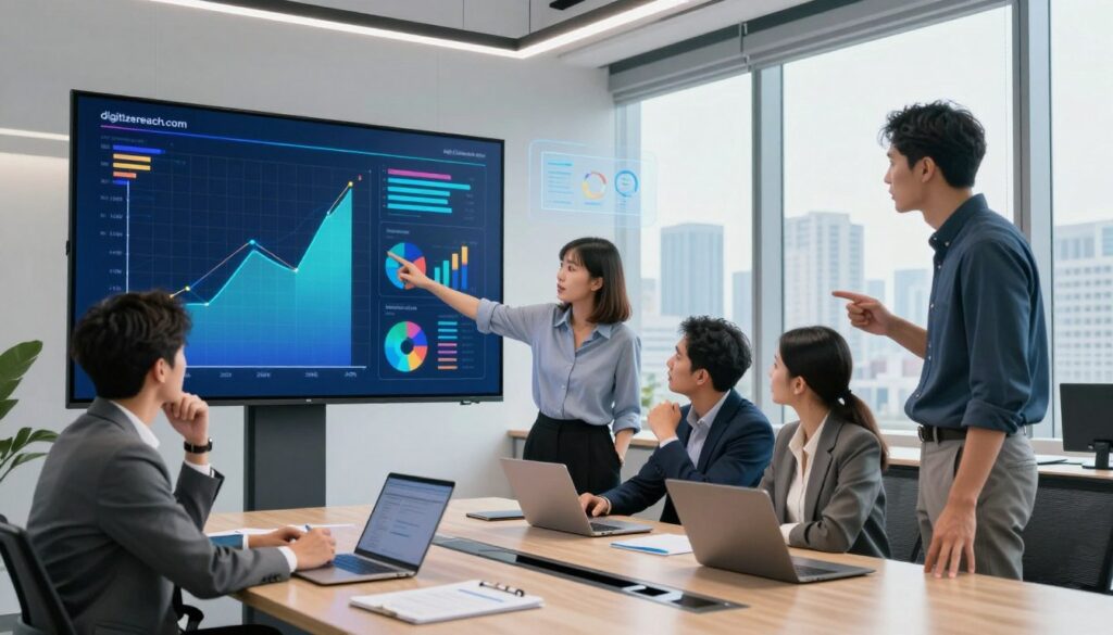 A sleek, modern office space with a large digital screen displaying vibrant graphs and analytics, symbolizing market research. In the foreground, a diverse group of three professionals dressed in business attire—one woman and two men—are engaged in a discussion, pointing at the screen with thoughtful expressions. They are surrounded by floating digital elements representing data insights, such as bar charts and pie graphs. The middle ground features a stylish conference table with laptops and notepads. The background includes a large window displaying a city skyline under soft, natural lighting, creating a bright and inspiring atmosphere. The image should embody innovation and collaboration in marketing, highlighting the potential of ChatGPT for market research. The brand name "digitizereach.com" subtly integrated into the scene.
