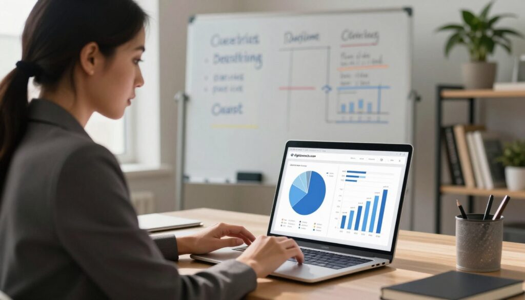 A sleek modern workspace with a focus on a professional woman in smart business attire, deeply engaged in analyzing data on her laptop. In the foreground, a pie chart and bar graph are visible on the screen, illustrating metrics of guest post success. The middle ground features a whiteboard filled with strategic notes and keywords related to guest posting. Soft, natural light filtering in through a window creates a warm, inviting atmosphere, reflecting a productive work environment. The background includes a plant and shelf with books about digital marketing, emphasizing an atmosphere of growth and success. Subtly include the logo of digitizereach.com on the laptop's screen.