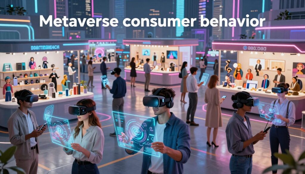 A vibrant, futuristic scene depicting "Metaverse consumer behavior." In the foreground, a diverse group of professionals, dressed in smart casual attire, engages with immersive digital interfaces; some are wearing virtual reality headsets while others interact with holographic displays. The middle layer features a bustling virtual marketplace with a variety of digital products and services, showcasing futuristic branding and avatars of different styles. The background includes a stylized cityscape that blends real and digital architecture, illuminated by neon lights. Bright ambient lighting creates an energetic and engaging atmosphere, highlighting the innovative spirit of the Metaverse. The perspective is slightly elevated, capturing the dynamics of consumer interaction, with a professional focus on the essence of digital commerce in this cutting-edge environment. Logo: digitizereach.com.