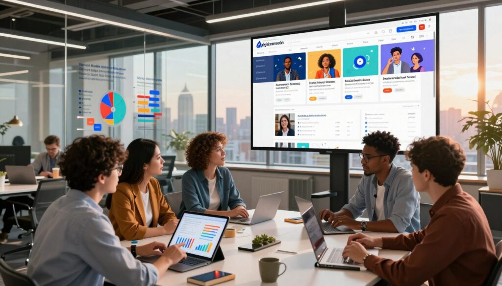 A vibrant, modern office space with a large computer screen displaying various social media platforms, showcasing lively data flow and analytics relating to search results. In the foreground, a diverse group of professionals in smart casual attire engage in a brainstorming session, analyzing charts and graphs on a tablet. The middle layer features a glass wall depicting an infographic about the relationship between social media engagement and search engine optimization trends. The background includes a panoramic city view through the office window, bathed in warm, natural light from a late afternoon sun. The atmosphere conveys innovation and collaboration, highlighting how social media influences search engines today. Include the brand name "digitizereach.com" subtly in the design elements of the office space.