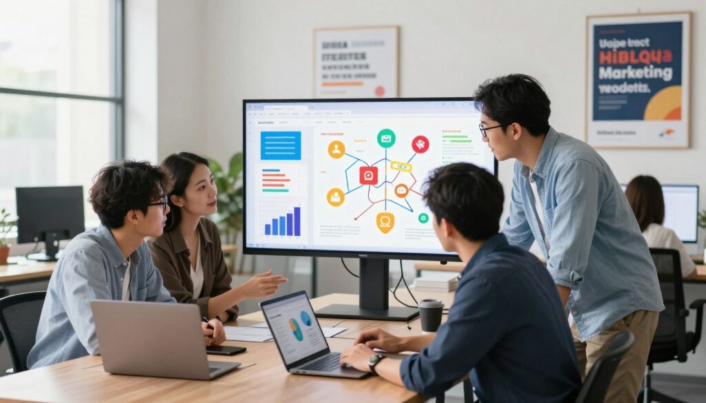 A vibrant, modern workspace showcasing effective social media strategies. In the foreground, a diverse team of three professionals, two men and one woman, dressed in smart casual attire, collaborate over a laptop, analyzing data and discussing visual content. The middle ground features a large screen displaying colorful graphs, social media icons, and strategy maps. The background is adorned with motivational posters related to digital marketing, with soft natural lighting streaming through large windows, creating an inspiring atmosphere. Use a wide-angle lens to capture the entire scene, highlighting the dynamics of teamwork and innovation typical of a thriving digital agency. Emphasize a sense of collaboration and creativity, with the brand name "digitizereach.com" subtly integrated without any text overlays.