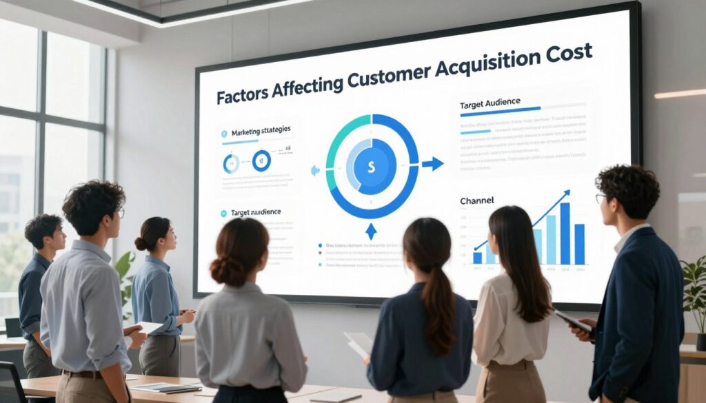 A visually engaging infographic illustrating the "Factors Affecting Customer Acquisition Cost." In the foreground, a diverse group of professionals in smart business attire is gathered around a large digital screen displaying various customer acquisition metrics, like charts and graphs. In the middle, infographics highlighting elements such as marketing strategies, sales tactics, target audience, and channel diversity are artistically represented with icons and arrows. The background features a modern office space with large windows allowing natural light to flood in, creating a bright and optimistic atmosphere. The overall mood is professional and collaborative, conveying the importance of understanding CAC in business growth. Use soft lighting and a slightly angled perspective to evoke depth. The design should be clean and modern, with no text or branding except “digitizereach.com” subtly included in the corner.