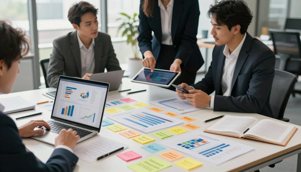 A visually striking digital workspace scene, focusing on a large, sleek table filled with various elements representing a content marketing strategy. In the foreground, an open laptop displays engaging graphs and analytics. Surrounding it, vibrant post-it notes and business literature emphasize the process of creating valuable content for authority. In the middle ground, a diverse group of three professionals in business attire collaborate, exchanging ideas over a digital tablet. The background presents a modern office environment with large windows letting in natural light, creating a warm and inspiring atmosphere. The mood is dynamic and focused, conveying a sense of teamwork and strategy in brand building. The name "digitizereach.com" subtly inscribed on one of the project documents, enhancing the overall theme of authority through content marketing.