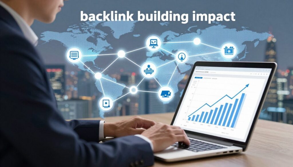 A visually striking representation of "backlink building impact" in the world of SEO. In the foreground, a professional business person in smart attire uses a laptop, analyzing a digital graph displaying upward trends in website traffic and performance, symbolizing successful backlink strategies. The middle layer features a network of interconnected links represented as glowing lines, illustrating the concept of backlinks connecting various websites, with icons of authority websites. In the background, an abstract cityscape with a digital overlay hints at the vast online landscape. The lighting is bright and optimistic, focusing on the open laptop screen to emphasize progress and innovation. The overall mood is dynamic and inspiring, capturing the essence of leveraging backlinks for enhanced SEO performance. Branding subtly includes "digitizereach.com" as part of the digital environment.